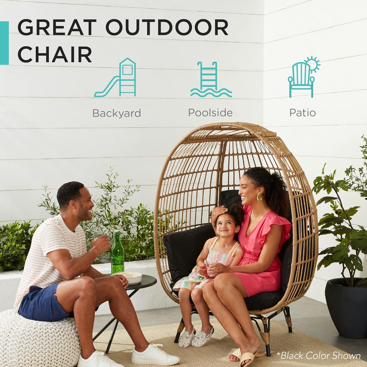 imageBest Choice Products Wicker Egg Chair Oversized Indoor Outdoor Lounger for Patio Backyard Living Room w 4 Cushions Steel Frame 440lb Capacity  IvoryNavy