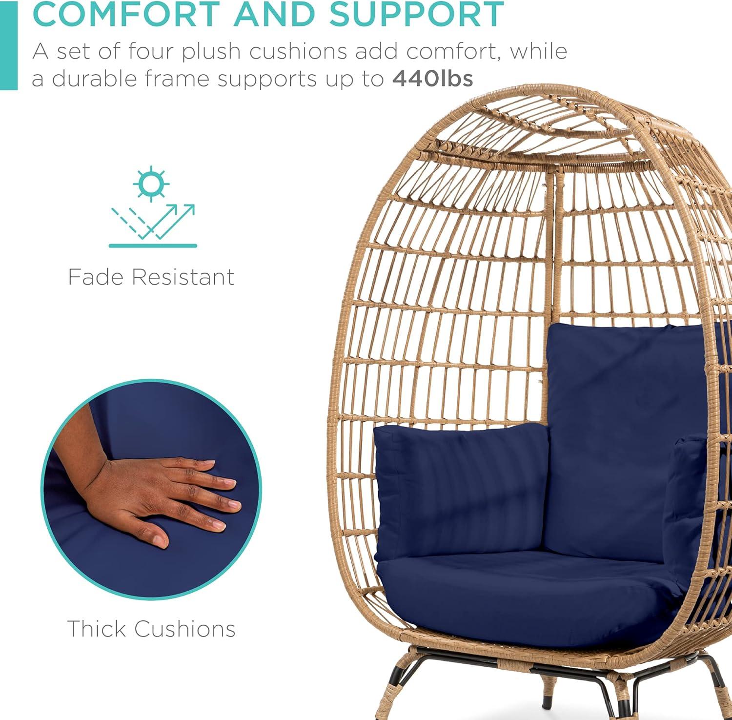 imageBest Choice Products Wicker Egg Chair Oversized Indoor Outdoor Lounger for Patio Backyard Living Room w 4 Cushions Steel Frame 440lb Capacity  IvoryNavy