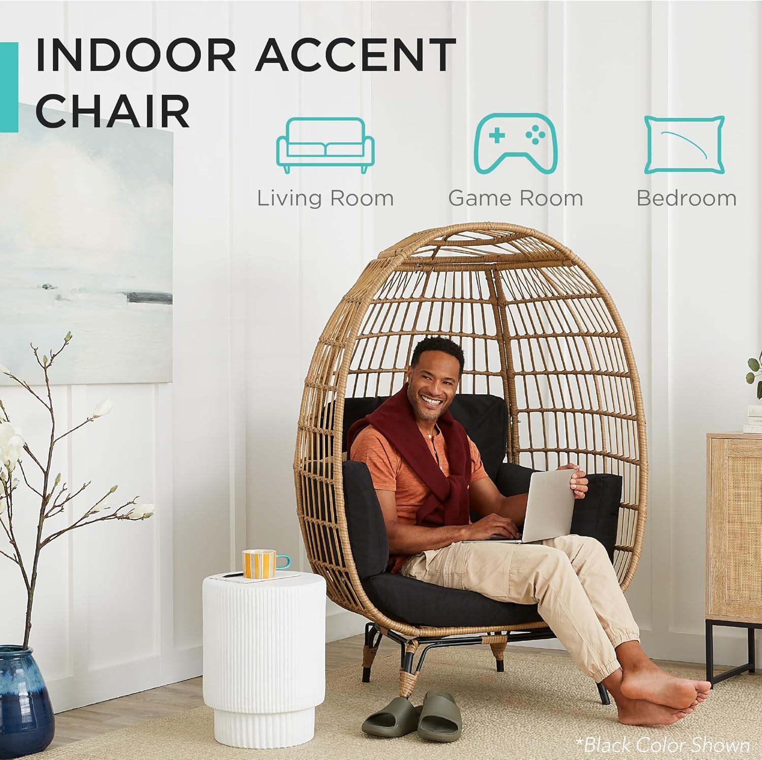 imageBest Choice Products Wicker Egg Chair Oversized Indoor Outdoor Lounger for Patio Backyard Living Room w 4 Cushions Steel Frame 440lb Capacity  IvorySage