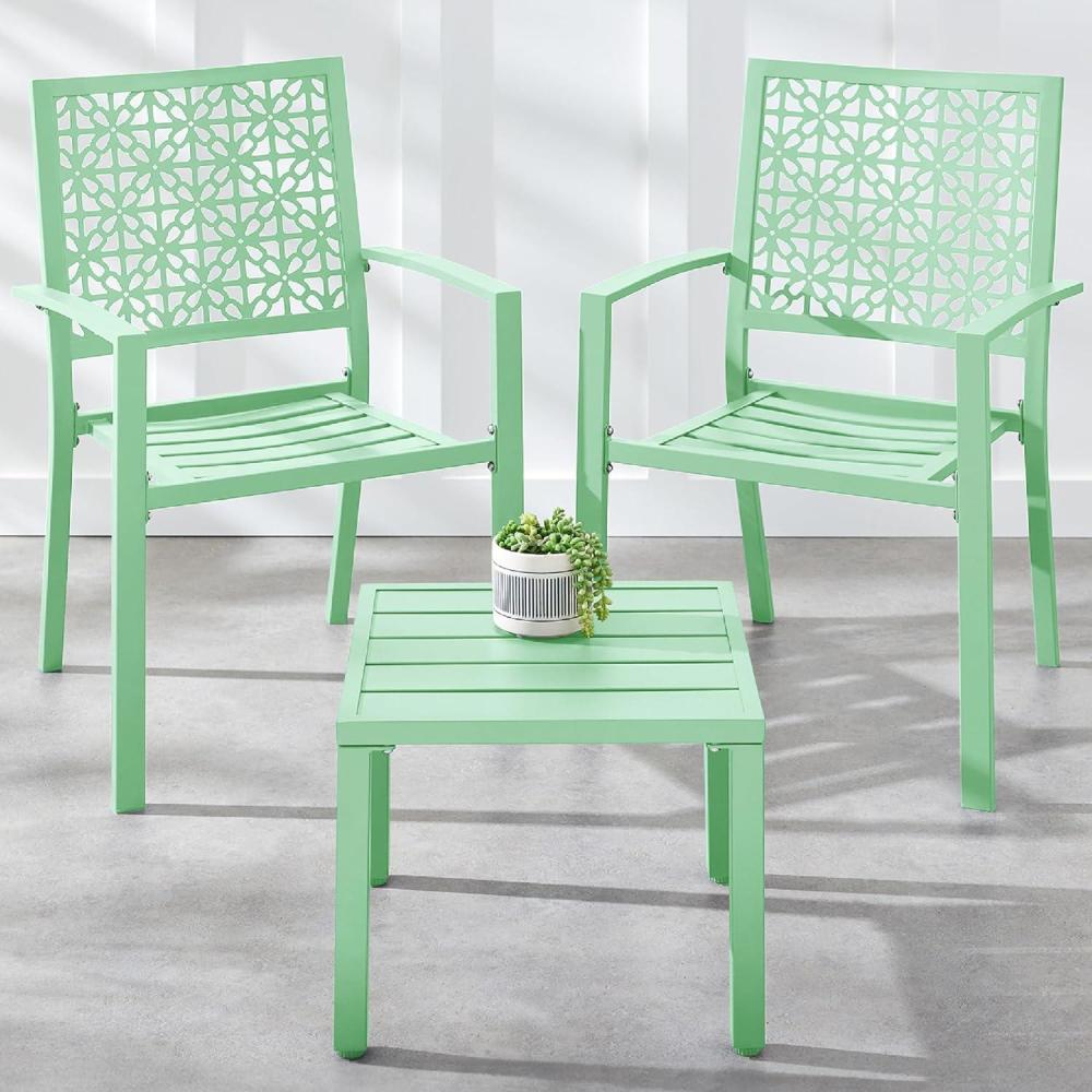 imageBest Choice Products 3Piece Outdoor Bistro Set Stackable Modern Steel Furniture for Porch Garden w 2 Chairs Table Geometric Decor  PeachMint Green