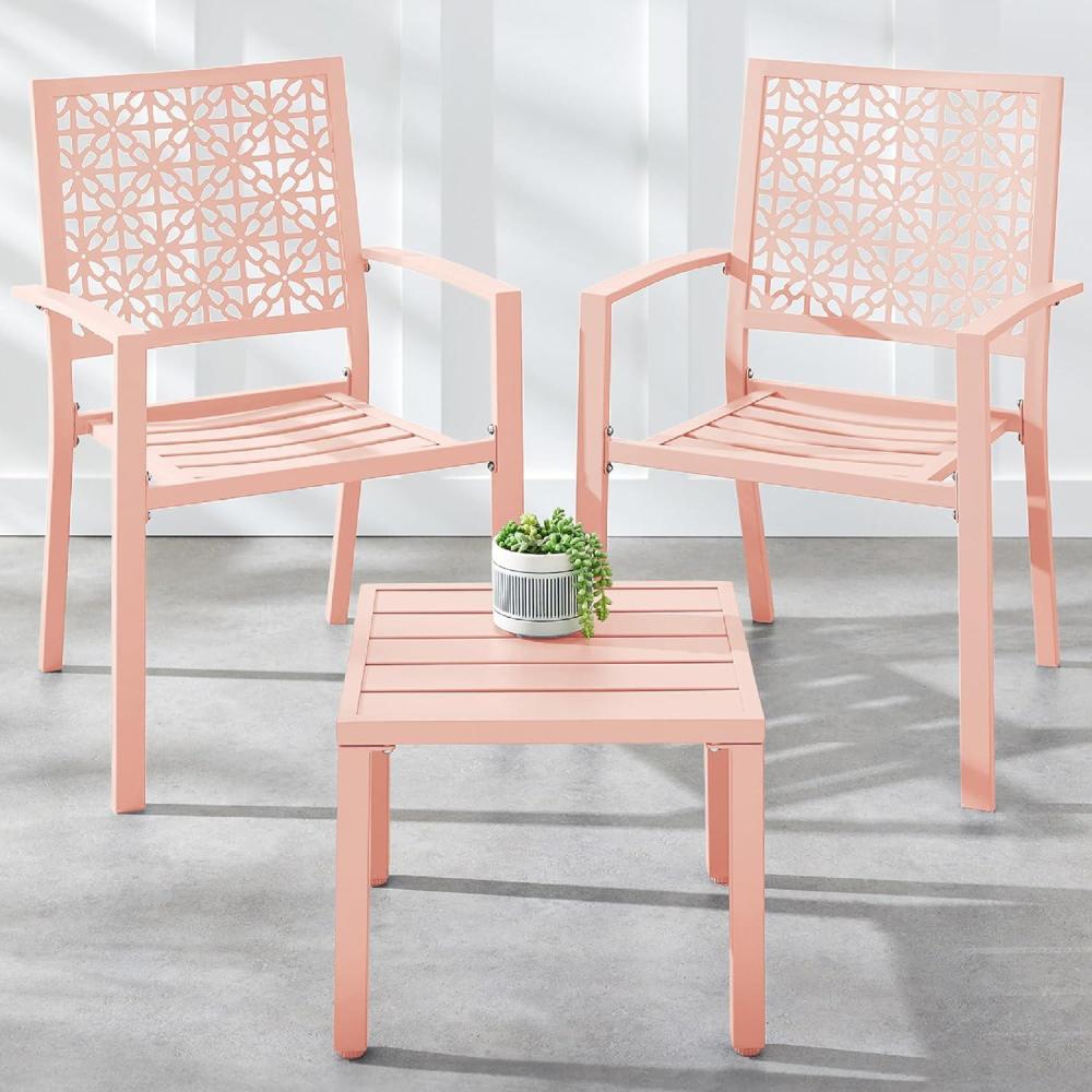 imageBest Choice Products 3Piece Outdoor Bistro Set Stackable Modern Steel Furniture for Porch Garden w 2 Chairs Table Geometric Decor  PeachPeach