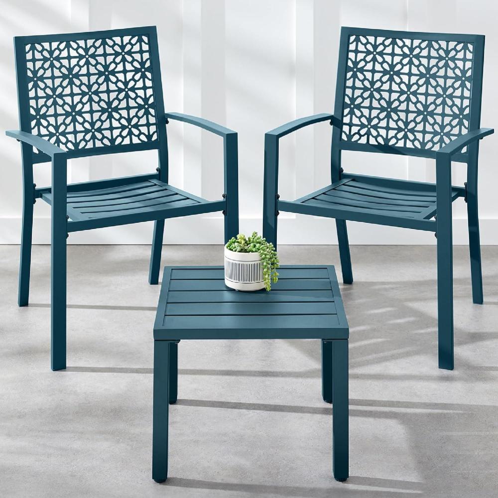 imageBest Choice Products 3Piece Outdoor Bistro Set Stackable Modern Steel Furniture for Porch Garden w 2 Chairs Table Geometric Decor  PeachPeacock Blue