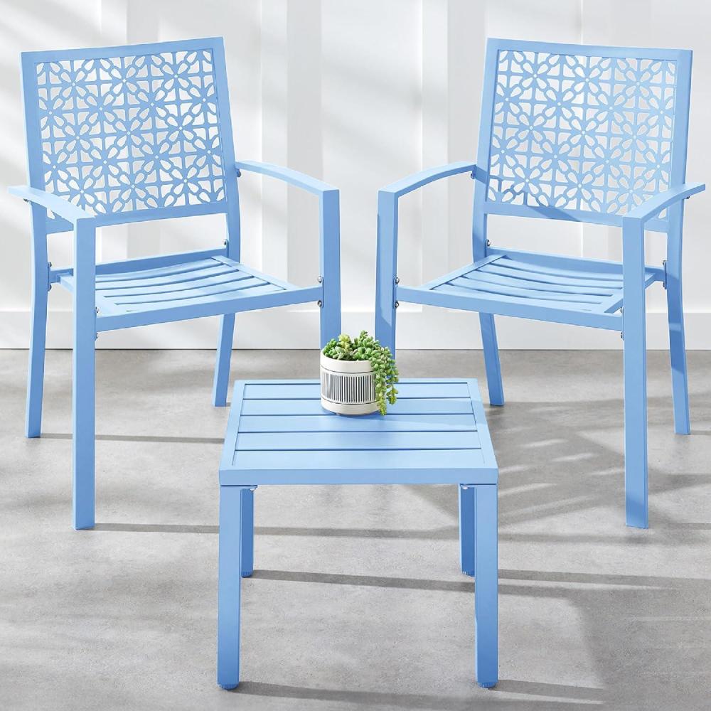 imageBest Choice Products 3Piece Outdoor Bistro Set Stackable Modern Steel Furniture for Porch Garden w 2 Chairs Table Geometric Decor  PeachSky Blue