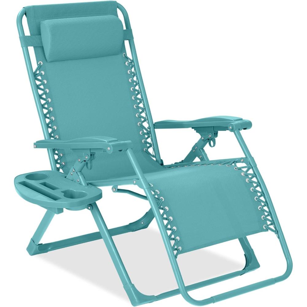imageBest Choice Products Adjustable Zero Gravity Chair Monochromatic Color Folding Patio Recliner wSide Tray Headrest  SeafoamCaribbean
