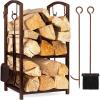 imageBest Choice Products 5Piece Indoor Outdoor Wrought Iron Firewood Log Storage Rack Holder Firepit Tools Set for Fireplace Fire Pit Stove wHook Broom Shovel Tongs  CopperCopper