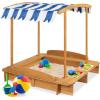 imageBest Choice Products Kids Wooden Cabana Sandbox Play Station for Children Outdoor Backyard w 2 Bench Seats UVResistant Canopy Shade Fabric Sandpit Cover 2 Side Buckets  Natural