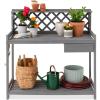 imageBest Choice Products Outdoor Garden Potting Bench Wooden Workstation Table wCabinet Drawer Open Shelf Lower Storage Lattice Back  NaturalGray