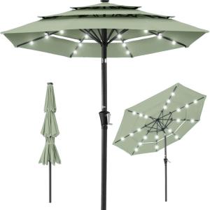 imageBest Choice Products 10ft 3Tier Solar Patio Market Umbrella Outdoor Sun Shade for Backyard Deck Poolside Table wWoodgrain Pattern LED Lights Tilt Adjustment  Sky BlueSage Green
