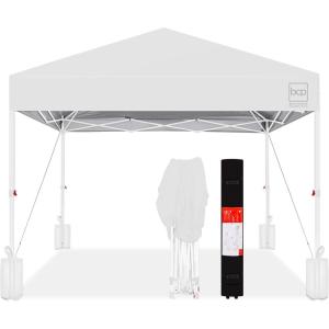 imageBest Choice Products 10x10ft 1Person Setup Pop Up Canopy Tent Instant Portable Shelter w 1Button Push Case 4 Weight Bags  BlueWhiteWhite