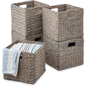 imageBest Choice Products 12x12in Hyacinth Baskets Rustic Set Of 5 Multipurpose Collapsible Storage Organizer Handwoven Laundry Totes for Bedroom Living Room Shelves wInserts  BrownGray