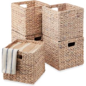 imageBest Choice Products 12x12in Hyacinth Baskets Rustic Set Of 5 Multipurpose Collapsible Storage Organizer Handwoven Laundry Totes for Bedroom Living Room Shelves wInserts  BrownWhite