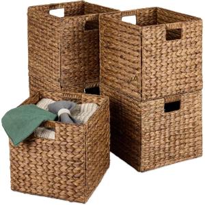 imageBest Choice Products 12x12in Hyacinth Baskets Rustic Set Of 5 Multipurpose Collapsible Storage Organizer Handwoven Laundry Totes for Bedroom Living Room Shelves wInserts  BrownChestnut