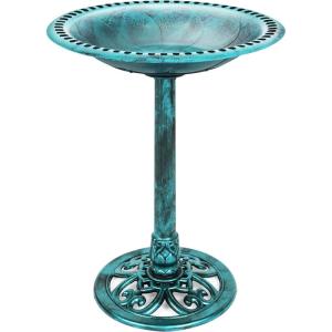 imageBest Choice Products 28in Pedestal Bird Bath Vintage Outdoor Resin Accent Decoration wFleurdeLis Accents  BlackGreen