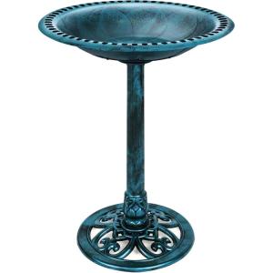 imageBest Choice Products 28in Pedestal Bird Bath Vintage Outdoor Resin Accent Decoration wFleurdeLis Accents  BlackPeacock Blue
