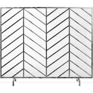 imageBest Choice Products 38x31in Single Panel Handcrafted Wrought Iron Mesh Chevron Fireplace Screen Fire Spark Guard for Living Room Bedroom Dcor wDistressed Antique Finish  GoldPewter