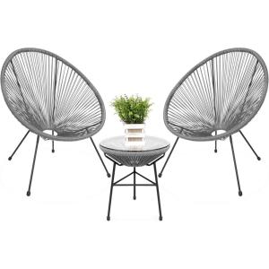 imageBest Choice Products 3Piece Outdoor Acapulco AllWeather Patio Conversation Bistro Set wPlastic Rope Glass Top Table and 2 Chairs  NaturalGrey