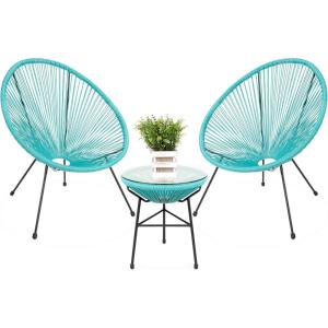 imageBest Choice Products 3Piece Outdoor Acapulco AllWeather Patio Conversation Bistro Set wPlastic Rope Glass Top Table and 2 Chairs  NaturalLight Blue
