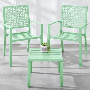 imageBest Choice Products 3Piece Outdoor Bistro Set Stackable Modern Steel Furniture for Porch Garden w 2 Chairs Table Geometric Decor  PeachMint Green
