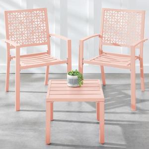 imageBest Choice Products 3Piece Outdoor Bistro Set Stackable Modern Steel Furniture for Porch Garden w 2 Chairs Table Geometric Decor  PeachPeach