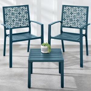 imageBest Choice Products 3Piece Outdoor Bistro Set Stackable Modern Steel Furniture for Porch Garden w 2 Chairs Table Geometric Decor  PeachPeacock Blue
