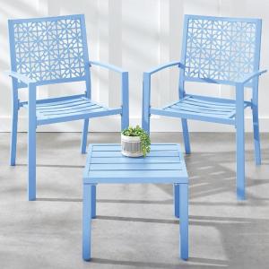 imageBest Choice Products 3Piece Outdoor Bistro Set Stackable Modern Steel Furniture for Porch Garden w 2 Chairs Table Geometric Decor  PeachSky Blue
