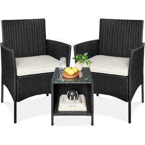 imageBest Choice Products 3Piece Outdoor Wicker Conversation Bistro Set Space Saving Patio Furniture for Garden wSide Table  GrayNavyBlackWhite Sand