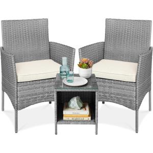 imageBest Choice Products 3Piece Outdoor Wicker Conversation Bistro Set Space Saving Patio Furniture for Garden wSide Table  GrayNavyGrayCream