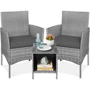 imageBest Choice Products 3Piece Outdoor Wicker Conversation Bistro Set Space Saving Patio Furniture for Garden wSide Table  GrayNavyGrayGray