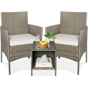 imageBest Choice Products 3Piece Outdoor Wicker Conversation Bistro Set Space Saving Patio Furniture for Garden wSide Table  GrayNavyTaupeWhite Sand