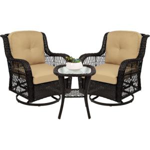 imageBest Choice Products 3Piece Outdoor Wicker Patio Bistro Set w 2 360Degree Swivel Rocking Chairs and Tempered Glass Top Side Table  NavyBeige