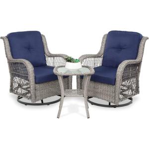 imageBest Choice Products 3Piece Outdoor Wicker Patio Bistro Set w 2 360Degree Swivel Rocking Chairs and Tempered Glass Top Side Table  NavyNavy
