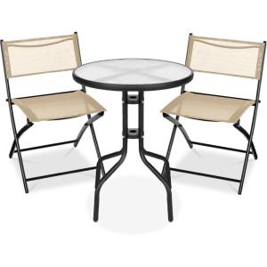 imageBest Choice Products 3Piece Patio Bistro Dining Furniture Set wGlass Tabletop 2 Folding Chairs Steel Frame Polyester Fabric  GrayBeige