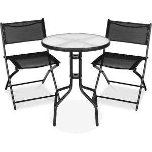 imageBest Choice Products 3Piece Patio Bistro Dining Furniture Set wGlass Tabletop 2 Folding Chairs Steel Frame Polyester Fabric  GrayBlack