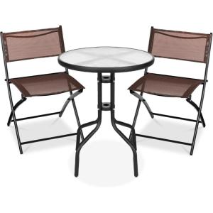 imageBest Choice Products 3Piece Patio Bistro Dining Furniture Set wGlass Tabletop 2 Folding Chairs Steel Frame Polyester Fabric  GrayBrown