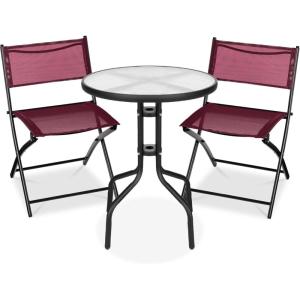 imageBest Choice Products 3Piece Patio Bistro Dining Furniture Set wGlass Tabletop 2 Folding Chairs Steel Frame Polyester Fabric  GrayBurgundy