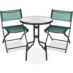 imageBest Choice Products 3Piece Patio Bistro Dining Furniture Set wGlass Tabletop 2 Folding Chairs Steel Frame Polyester Fabric  GrayDark Green