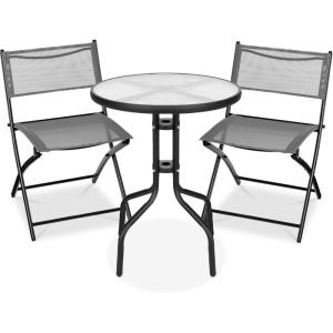 imageBest Choice Products 3Piece Patio Bistro Dining Furniture Set wGlass Tabletop 2 Folding Chairs Steel Frame Polyester Fabric  GrayGrey