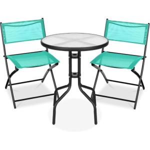 imageBest Choice Products 3Piece Patio Bistro Dining Furniture Set wGlass Tabletop 2 Folding Chairs Steel Frame Polyester Fabric  GrayMint
