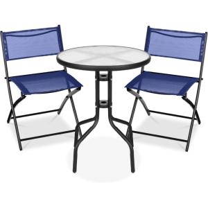 imageBest Choice Products 3Piece Patio Bistro Dining Furniture Set wGlass Tabletop 2 Folding Chairs Steel Frame Polyester Fabric  GrayNavy