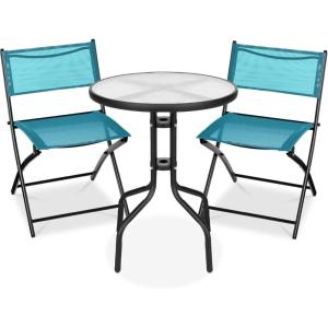 imageBest Choice Products 3Piece Patio Bistro Dining Furniture Set wGlass Tabletop 2 Folding Chairs Steel Frame Polyester Fabric  GrayPeacock