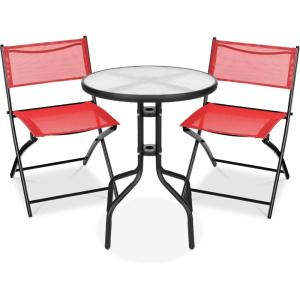 imageBest Choice Products 3Piece Patio Bistro Dining Furniture Set wGlass Tabletop 2 Folding Chairs Steel Frame Polyester Fabric  GrayRed