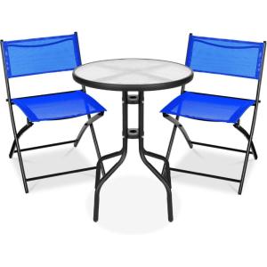 imageBest Choice Products 3Piece Patio Bistro Dining Furniture Set wGlass Tabletop 2 Folding Chairs Steel Frame Polyester Fabric  GrayResort Blue