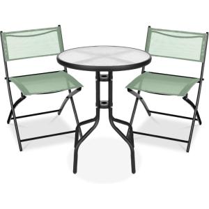 imageBest Choice Products 3Piece Patio Bistro Dining Furniture Set wGlass Tabletop 2 Folding Chairs Steel Frame Polyester Fabric  GraySage