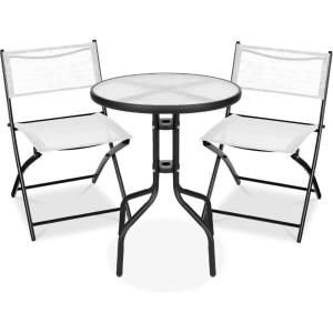 imageBest Choice Products 3Piece Patio Bistro Dining Furniture Set wGlass Tabletop 2 Folding Chairs Steel Frame Polyester Fabric  GrayWhite
