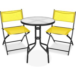 imageBest Choice Products 3Piece Patio Bistro Dining Furniture Set wGlass Tabletop 2 Folding Chairs Steel Frame Polyester Fabric  GrayYellow