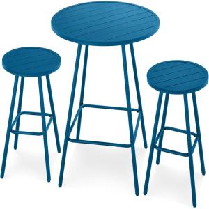 imageBest Choice Products 3Piece Patio Dining Set Bar Height Outdoor Bistro Set Outdoor Round Bar Table w 2 Bar Stools Steel  BlackPeacock Blue