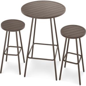 imageBest Choice Products 3Piece Patio Dining Set Bar Height Outdoor Bistro Set Outdoor Round Bar Table w 2 Bar Stools Steel  BlackTaupe