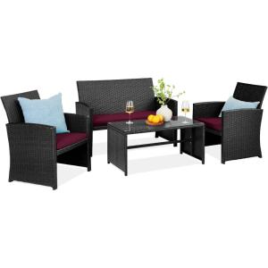 imageBest Choice Products 4Piece Outdoor Wicker Patio Conversation Furniture Set for Backyard wCoffee Table Seat Cushions  GrayLight MintBlackDeep Burgundy