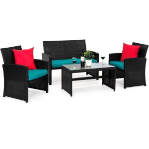 imageBest Choice Products 4Piece Outdoor Wicker Patio Conversation Furniture Set for Backyard wCoffee Table Seat Cushions  GrayLight MintBlackTeal