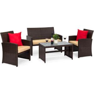 imageBest Choice Products 4Piece Outdoor Wicker Patio Conversation Furniture Set for Backyard wCoffee Table Seat Cushions  GrayLight MintBrownBeige